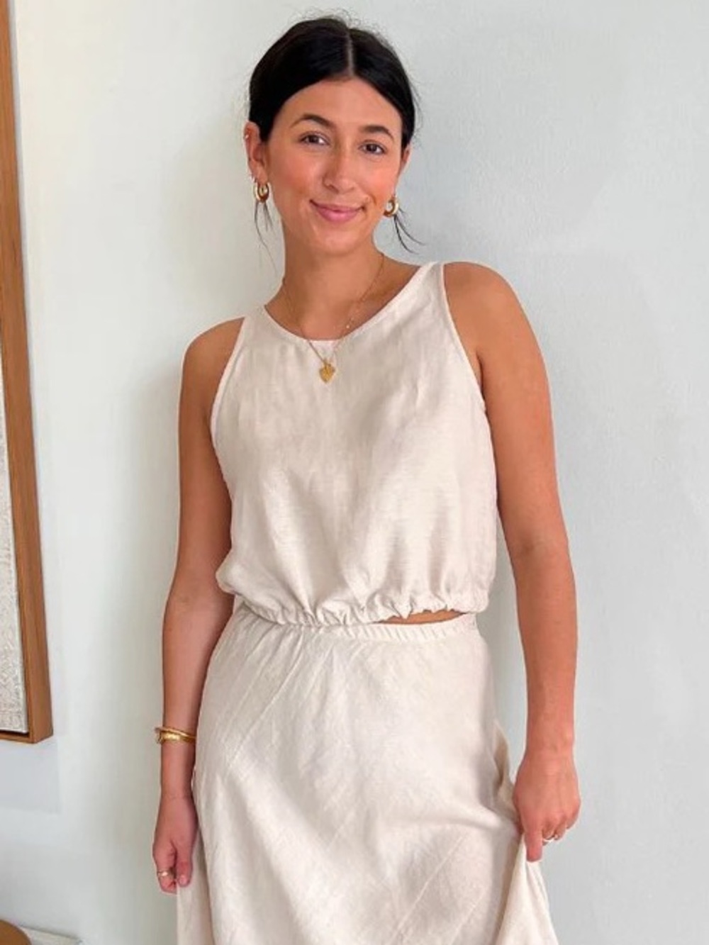 Natalie Busby || Essential Crop Tank Top in Stone Tan Cream Linen Blend S NWT